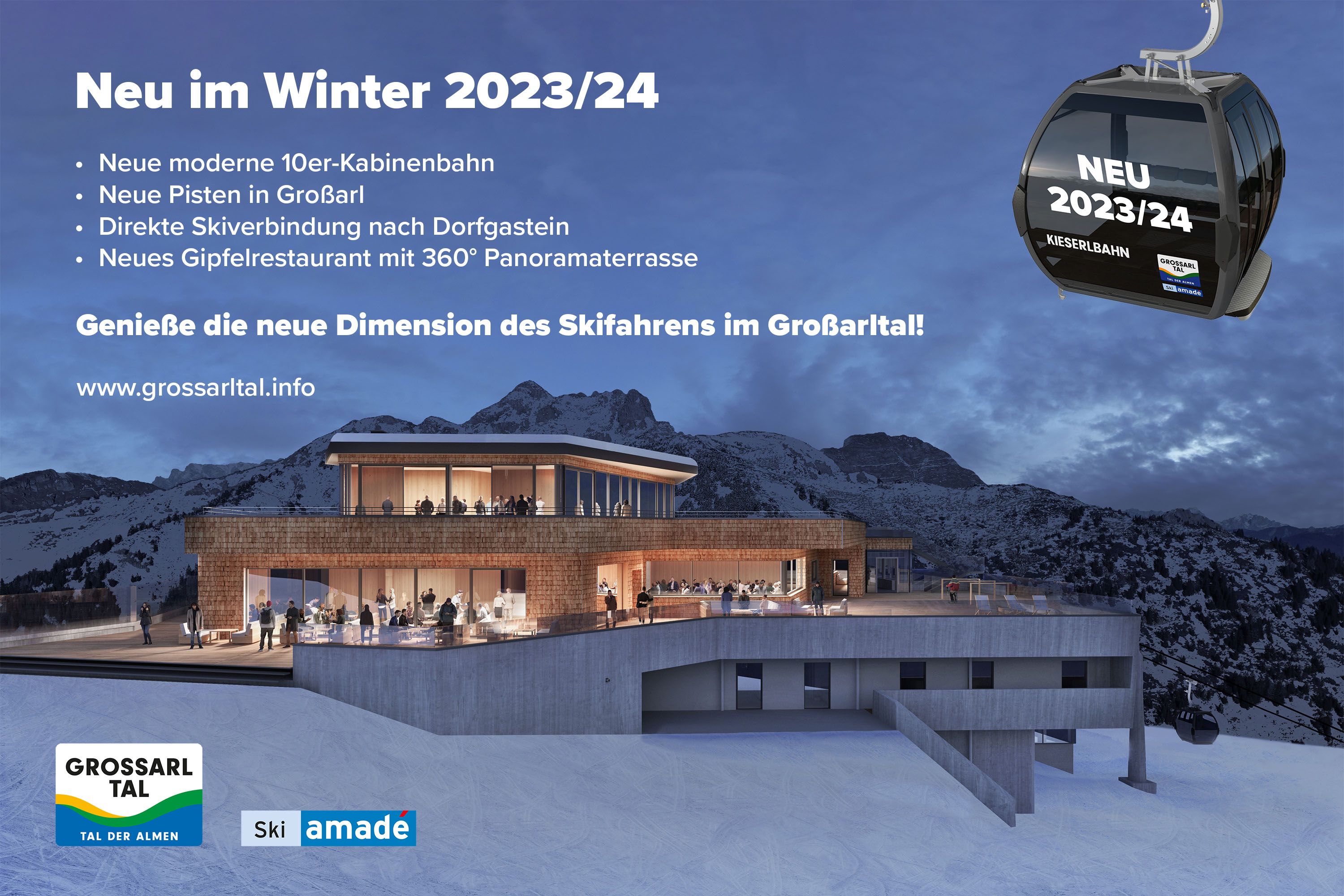 Kieserlbahn NEU Bergstation Winter mit Text und Gondel mittelgross